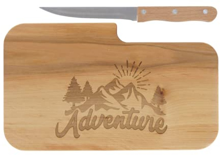 LASERHELD Wooden Bread Board with Engraving Adventure and Knife, 26 x 15 cm, Breakfast Board, Wooden Chopping Board, Snack Board, Gift for Hikers and Mountain Lovers for Father's Day