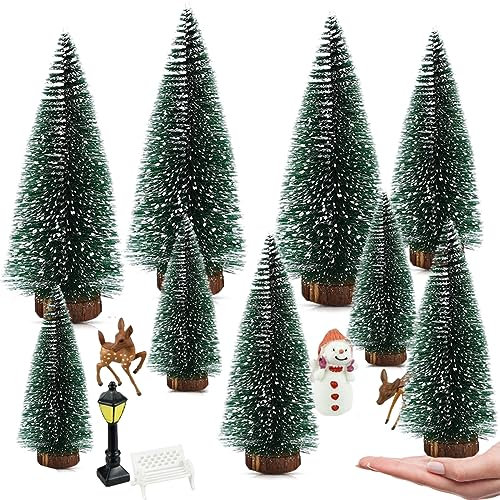 HONGECB Bord gran liten miniatyr, mini grön julgran, mini julgran snö liten, för juldekoration, bordsdekoration, skyltfönster, jul nyår fest, 10/15/20 cm, 9 stycken
