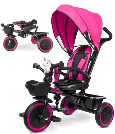 KRIDDO 7-in-1 Tricycle Stroller for Toddlers 18 Months to 5 Years, Adjustable Push Handle, Rotatable Seat, Cup Holder and Retractable Canopy, Folding Baby Trike w/Detachable Guardrail, Footrest, Pink