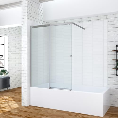 Badewannenaufsatz Schiebetür Glas chrom 110x150 cm, 6 mm Einscheiben-Sicherheitsglas (ESG) mit Nanobeschichtung, mit Verstellbereich, inkl. Wandverstrebung