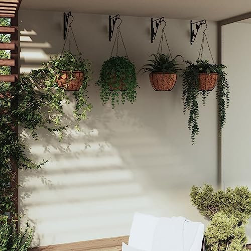 ShCuShan Blumenampeln mit Halterungen und Einlagen 4 STK. Schwarz Stahl Hangeblumentopfe für Indoor Outdoor Haus Garten Balkon Dekoration