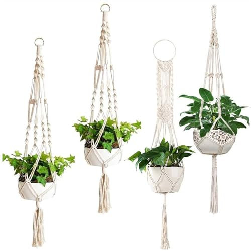 SDAFSV 4er-Pack Makramee-Pflanzenaufhänger, Baumwollseil for Aufhängen Von Pflanzkörben, Weißer Blumentopf-Aufhänger, Wandbehang for Pflanzkörbe, Pflanzen-Blumentopf-Halter