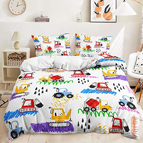 Bedding Bettwäsche 135x200 cm Set Mikrofaser Einzel Bettbezug 3D Cartoon Traktor Auto Bagger Baufahrzeug Muster Bettwaesche + 2 Kissenbezug 80x80 mit Reißverschluss Eckbinder halten