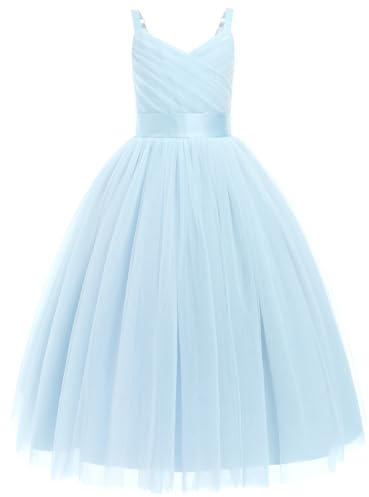 IDOPIP La Fille des Fleurs Princesse Robe Longue Plissée Mariage Demoiselle d'honneur Robe De Bal Broderie Fleur Dentelle élégante Col en V Light Blue 130