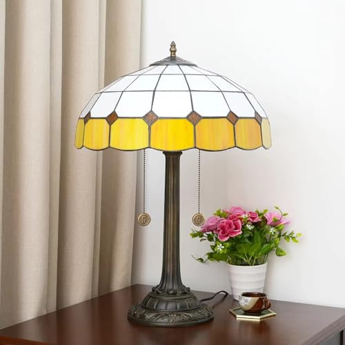 BOTOWI Tiffany Lampe Buntglas Tischlampe 16x16x23 Zoll 2-Licht Rose Libelle Tulpe Kirschblüte Sonnenblume Traube Mediterran Barock Stil Schreibtisch Leselicht Dekor,Gelb