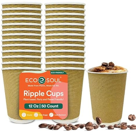 ECO SOUL 12oz Compostable Ripple Cups (50 Pack) – Biodegradable Paper Cups, Non-Toxic Disposable Cups for Hot Drinks, to-Go Coffee Cups, Eco-Friendly & Ripple Paper Cups