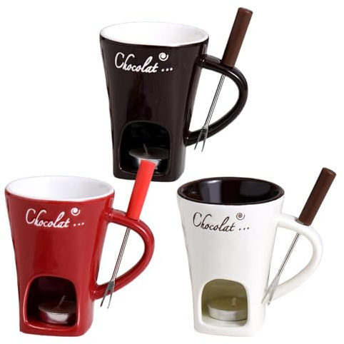3 stycken chokladfondue-koppar, chokladfondue-set med gafflar i rostfritt stål, värmeljus chokladfondue-kopp av keramik, liten fondue-set för choklad, ost smör, diskmaskinssäker
