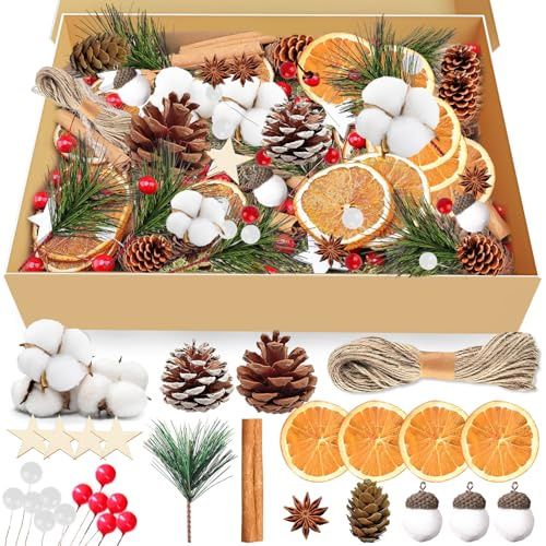 230 Piezas Coronas de Navidad,Corona de Adviento,Juego de Manualidades,Decoraciones Navideñas,Accesorios Navidad,Canela,Ramas de Pino,Bayas Rojas Navideñas,Naranja Seca Decoracion,Corona Navideña
