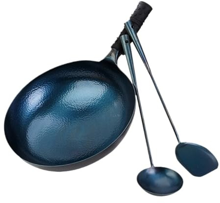lluoqian Wok in ferro fatto a mano - Padella antiaderente non rivestita for uso domestico(Round bottom,34CM)