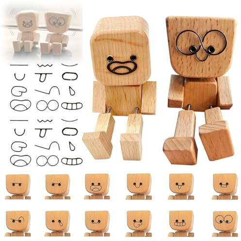 GYHWOFUL Set di 2 statuette oscillanti per auto, fatti a mano, con 12 facce magnetiche intercambiabili, divertenti agitatori in legno per cruscotto e auto, decorazione interna
