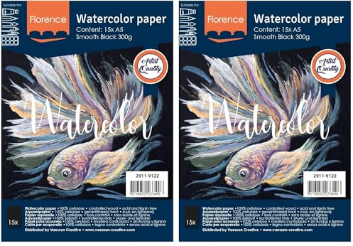 Florence Aquarellpapier Glatt - Zeichenblock für Aquarellfarben A5 - Schwarz - Malblock für Wasserfarben - Künstlerbedarf und Scrabooking - 300 gsm (Packung mit 2)