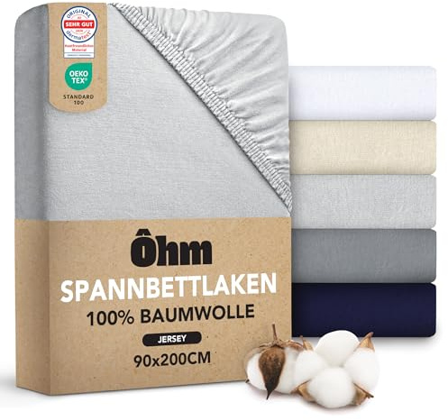 Ôhm Sábana Bajera Ajustable 90x200 Gris – Jersey 100% Algodón Elástico – Suave, Transpirable y Antiarrugas – Altura 28 cm para Colchones Altos – Oeko-Tex