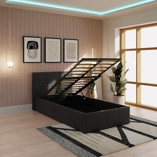 Right Deals UK SINGLE FAUX LEATHER OTTOMAN STORAGE GAS LIFT BED - BLACK