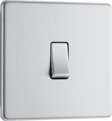 BG Electrical - Interruptor de luz intermedio individual de pared, placa frontal sin tornillos, perfil delgado, placa plana premium, acero cepillado, 20 A, 16 AX, FBS13