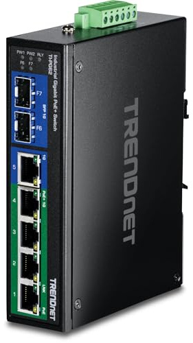 TRENDnet, TI-PG62, Ruggedized Industrial 6-Port Gigabit PoE + DIN Rail Switch, 4-Port Gigabit PoE +, Shared Gigabit Port (RJ-45 / SFP), Dedizierter SFP, 120 W Leistungsbudget, IP30, Schwarz