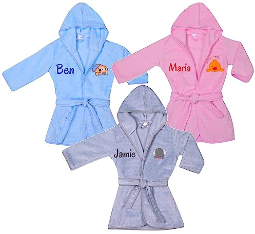 Wuff-Dogsworld Personalisierter Kinder Bademantel mit Namen und Geburtsdatum, Baumwolle/Polyester in 3 Farben und 4 Größen, Geschenk für Mädchen & Jungen