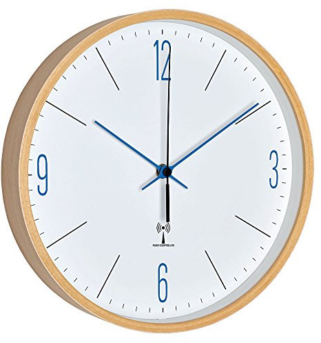 TFA Dostmann Analoge Design Funk-Wanduhr mit Ahorn-Rahmen, Glas, weiß/blau, 25.5 x 4.5 x 25.5 cm, (L) 255 x (B) 45 x (H) 255 mm, 60.3524.06