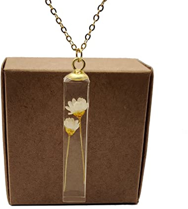 Collier Marguerite Pâquerette Vraie Fleur 3D Cube Résine Plaqué Or | Naturel, Transparent, Pendentif, Handmade, Femmes, Mignon, Personnalité, DIY, Bijoux