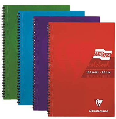 Clairefontaine Europa - Ref 5804Z Wirebound Notebooks, Hardwearing Bright and Glossy Covers, 180 Lined Sheets, A4 size and Micro-Perforated Pages, Pack of 4 Assorted Colours