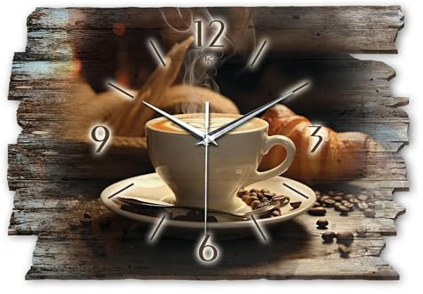 Kreative Feder Designer Wanduhr „Cappuccino“ aus Holz 40x27cm im Shabby Style Design - Designeruhr mit flüsterleisem Uhrwerk ohne Ticken (Cappuccino, leises Funkuhrwerk)