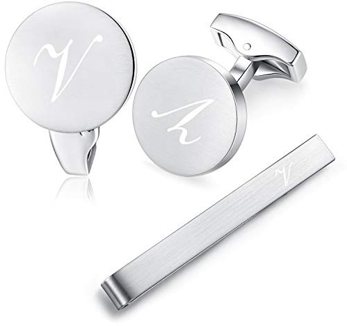 HONEY BEAR Manschettenknöpfe Krawattennadel Set Initialen Buchstabe Herren Edelstahl Hochzeit Cufflinks Manschettenknopf Silber (V Set)