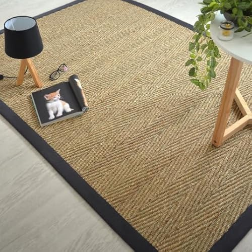 Tapis Jonc de mer - Assam chevron - Ganse coton noire - 160 x 230 cm