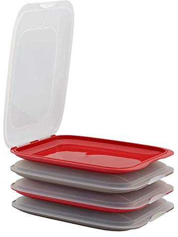 ENGELLAND - 4er Set hochwertige stapelbare Aufschnitt-Boxen, Frischhaltedose für Aufschnitt. Wurst Behälter. Perfekte Ordnung im Kühlschrank - 2x braun 2x rot, Maße 25 x 17 x 3.3 cm