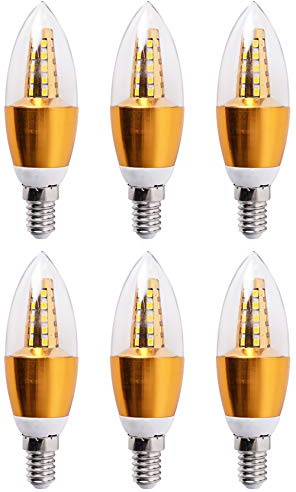 BesYouSel E14 LED Candelabra Base Bulbs 5W Decorative Candle Base 50 Watt Equivalent E14 Candle Lamp for Ceiling Fan Dining Room Home Decor 6000K Cool White AC85-265V Gold Torpedo Shape Pack of 6