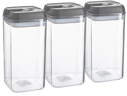 Argon Table Food Storage Containers with Airtight Flip Lock Lids - 1200ml - Grey - 3 Pack - Plastic Kitchen Storage Pantry Food Organiser for Cereal, Oats, Sugar, Coffee, Biscuits, Tea