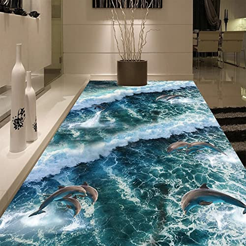 Photo 3D Personnalisée Bleu Océan Vagues Dauphins Peinture Au Sol PVC Autocollant Peintures Murales Autocollant pour Salle De Bains Couloir Carrelage Décoration, 250cmX175cm