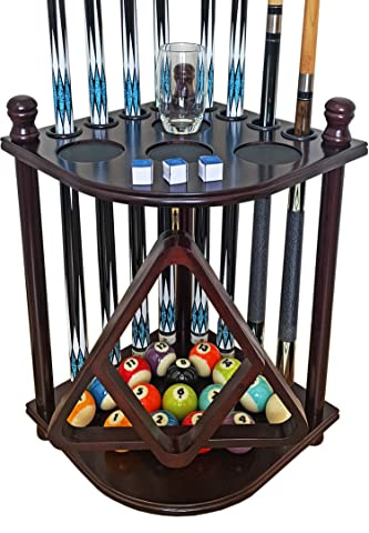 GACCO BILLIARDS Pool Cue Rack Hold up to 8 Sticks & Billiard Accessories. Floor Stand Pool Cue Stick Holder Made of 100% Solid Hardwood.(Traditional Mahogany)