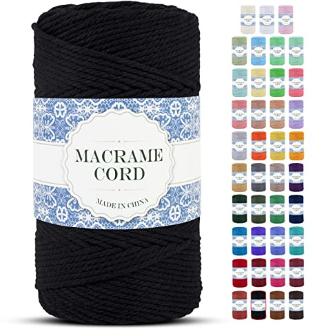 Uiopa Makramee Garn 4mm x 200m Natürliche Baumwollkordel Baumwollseil Baumwollgarn Baumwollschnur, Macrame Cord 4mm für DIY Basteln Stricken Wandbehang Pflanze Aufhänger Boho Deko (Schwarz)