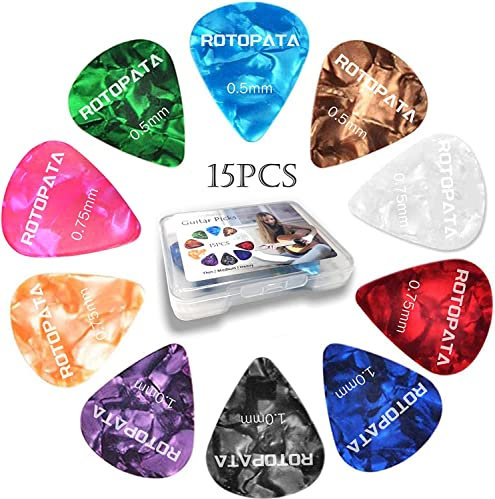 15 Piezas Púas para Guitarra con una caja resistente de almacenaje, Púas de Celuloide para Guitarras Eléctricas, Clásica, Acústicas, Bajo o Ukelele, 3 Espesores 0,50/0,75/1,0mm