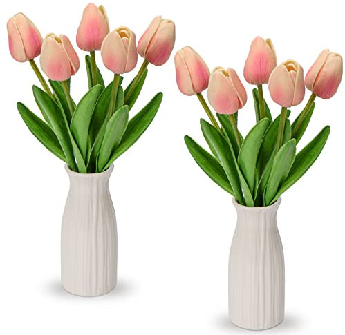 Briful Kunstblumen Künstliche Tulpen Blumen Wie Echt Real Touch Tulpen, Höhe 30 cm, mit Vase aus Keramik, Deko Kunstpflanze (Light Rosa)