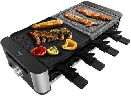 Cecotec Raclette Cheese&Grill 16000 Inox Mixgrill. 1400 W, 8 Personas, 2 Placas antiadherentes, Superficie mixta de 20 x 22 cm, 8 sartenes, Termostato regulable, Apto lavavajillas