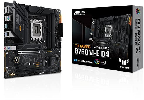 ASUS TUF GAMING B760M-E D4 – Carte mère gaming Intel B760 LGA 1700 mATX (DDR4, PCIe 4.0, 2 x M.2, 10+1 DrMOS, 2.5Gb Ethernet, M.2 pour Wi-Fi ready, DisplayPort, HDMI, USB 3.2 Gen 2, Arua Sync RGB)
