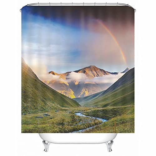 Shower Curtains Mountains, Duschvorhang Textil Elegant Grün Prairie Regenbogen 150x180 Polyester Bad Vorhang Badezimmer Deko
