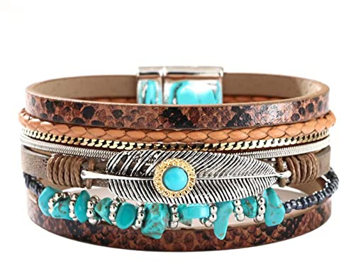 KunBead Jewelry Feather Women Multi-layered Leather Bracelet Magnetic Clasp Handmade Braided Bohemian Stacking Wrap Bangle Bracelets Wristband Jewellery Gift for Birthday