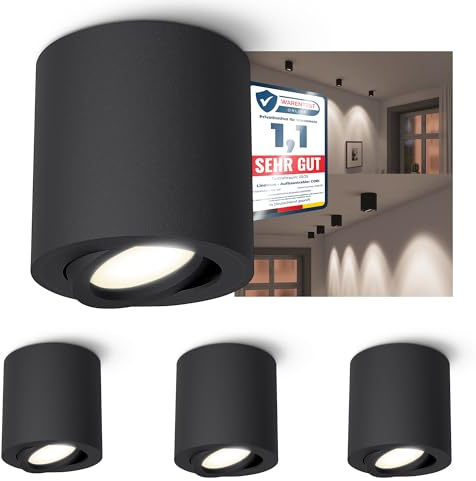 linovum CORI Aufbauspot 4er Set schwarz matt rund GU10 6,5W neutralweiß | Vier schwenkbare Deckenspots schwarz matt - neutralweiß, dimmbar, für Wohnzimmer, Flur & Büro, inkl. GU10 LED