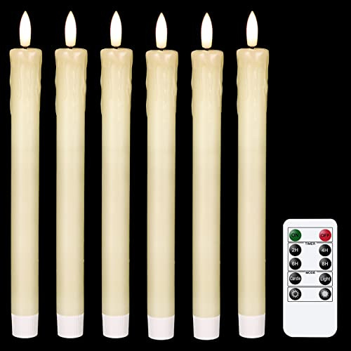 Eldnacele LED Stabkerzen mit Timerfunktion, 6er Set mit Tropfwachs-Design | Elektrische Kerzen mit Fernbedienung, flackernde 3D-Flamme, elfenbeinfarben, batteriebetrieben, Weihnachtsdeko und Hochzeit