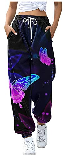 Freizeithose Damen Lang Weites Bein, Sporthose Damen Lang High Waist Jogginghos Schmetterlingsdruck Sweathose Mit Taschen Hohe Taille Freizeithose Fitness Training Sporthose Mit Hüftgürtel Kordelzug