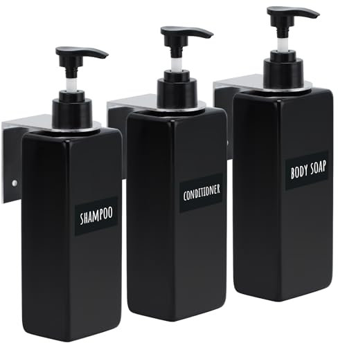 Segbeauty Seifenspender Wandbefestigung, 3 Stück 500ml Shampoo Flaschen zum Befüllen, Pumpspender mit Wasserdichten Etiketten, Seifenspender Schwarz Wandmontage für Küche und Bad