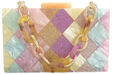 Anopo Bolso de Noche Acrílico para Mujer Colorido Marmoleado Geométrico Clutches Carteras de Mano con Cadena Desmontable A Champán
