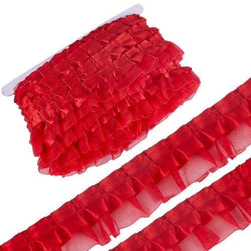 GORGECRAFT Cinta de Encaje de Organza de 20m Y 2 capas Borde de Encaje de Satén Plisado 40mm de Ancho Ribete de Gasa con Volantes Rojos Adornos de Tela de Tul para Adornos Manualidades de Costura