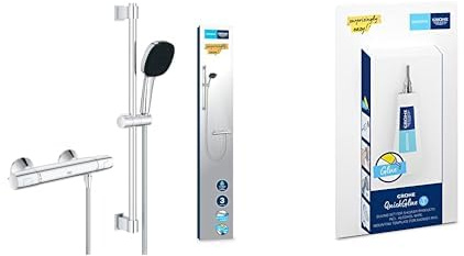 Grohe Precision Trend - Thermostat Brauseset wassersparend ~8l/min + Kleber (3 Strahlarten, CoolTouch - kein Verbrühen am Thermostat, 60cm Brausestange, inkl. Montagewerkzeug), eckig, chrom