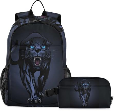 ISAOA School Backpack Set for for Girls Boys Teens Schools Travel Roaring Black Panther Schoolbags with Insulated Lunch Box Children Elementary Middle School Bookbag College Laptop Backpack