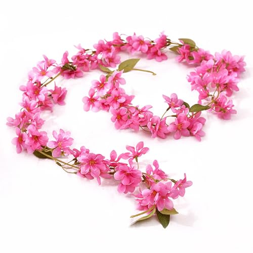 DHSWNNG Künstliche Kirschblüten, 1,7 m, künstliche Blumengirlanden, hängende Rebe, Sakura, Rose, rote Seide, Kunstblumenranken für den Innen- und Außenbereich, Hochzeit, Wand, Badzimmer, Dekoration (2