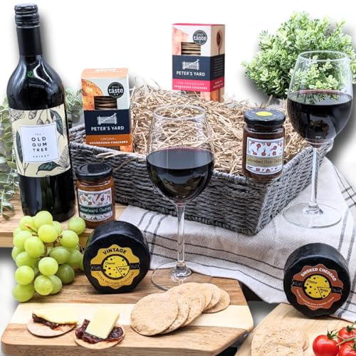 Wine and Cheese Gift Set Hamper Basket, Red Wine Shiraz, 2 Luxury Cheese Truckles, Chutneys & Crackers