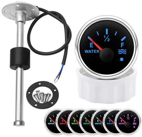 Marine Sailboat 52mm (2'') Water Level Tank Gauge with 7 Colors Backlights 12V 24V with 200mm Water/Fuel Level Sending Unit Sender Sensor