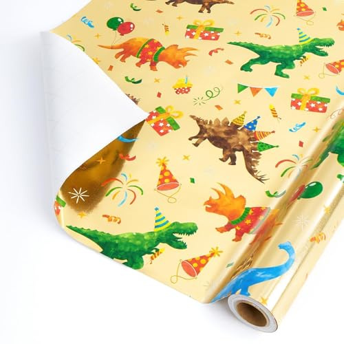 WERNNSAI Dinosaurier Geschenkpapier – 1 Rolle Dino Weihnachts Geschenkpapier Geburtstag Kinder Junge Goldenes Aluminiumfolien Geschenk Verpackung Weihnachtsfeier Geburtstagsparty Dekoration 43cm x 10m